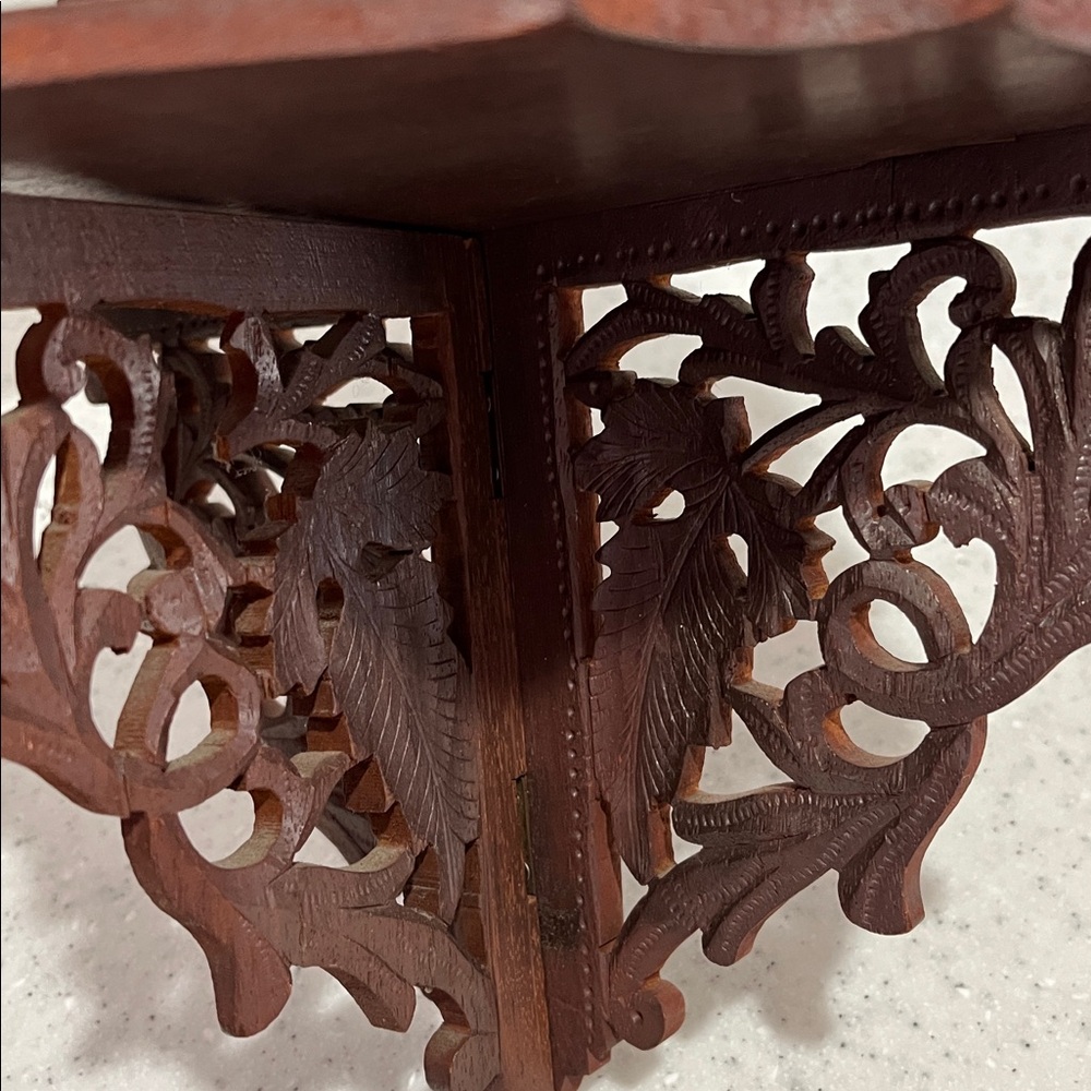 Vtg INDIA Hand Carved Wood Wooden Folding Shelf Intricate Leaf Design Leaves - Picture 5 of 14